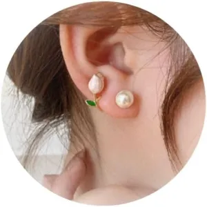 Tulip Pearl Flower Earrings Tulip Enamel Earrings Comfy Ear Cuff Jacket Front Back Earring for women
