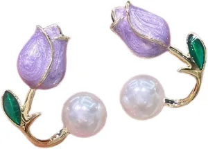 Tulip Pearl Stud Earrings,Pink/Red/Purple Flower Pearl Stud Earrings Lightweight Fashion Sweet Pearl Ear Hook Ear Cuff Front Back Earring for Woman