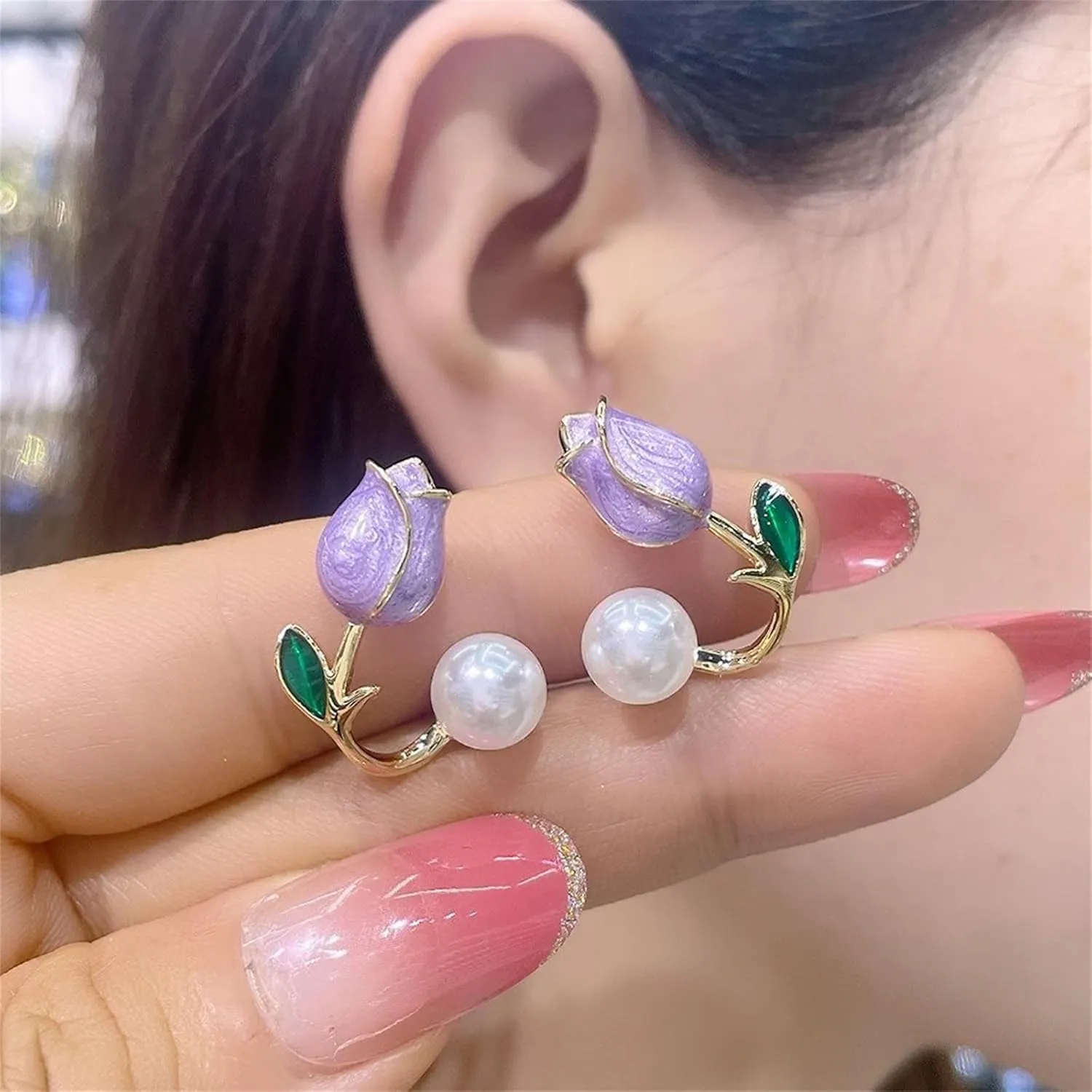Tulip Pearl Stud Earrings,Pink/Red/Purple Flower Pearl Stud Earrings Lightweight Fashion Sweet Pearl Ear Hook Ear Cuff Front Back Earring for Woman
