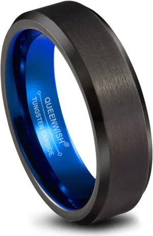 Tungsten Wedding Band Ring 6mm Men Women Blue Black Brushed Polished Couple Ring With Jewelry Box