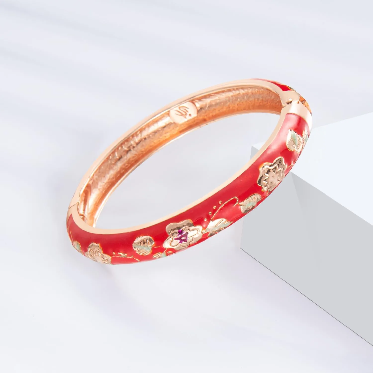 UJOY Gorgeous Bracelets Enameled Floral Cloisonne Gift Gold Plated Cuff Bangles Jewelry Sets Box for Women 55A18
