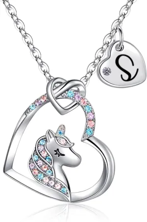Unicorn Necklace for Girls Kids with Personalized Initial Heart Pendant, 18K Gold Fashion Jewelry for Girls, Colorful Heart Necklace for Birthday Gifts.