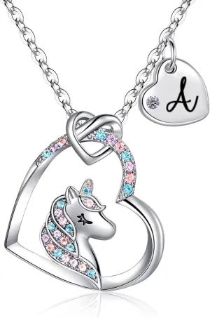 Unicorn Necklace for Girls Kids with Personalized Initial Heart Pendant, 18K Gold Fashion Jewelry for Girls, Colorful Heart Necklace for Birthday Gifts.