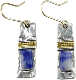 Unique Handmade Bohemian Enamel Earrings Vintage Matt Silver Bar Dangle Earrings Chic Blue Gemstone Geometric Square Drop Statement Earrings