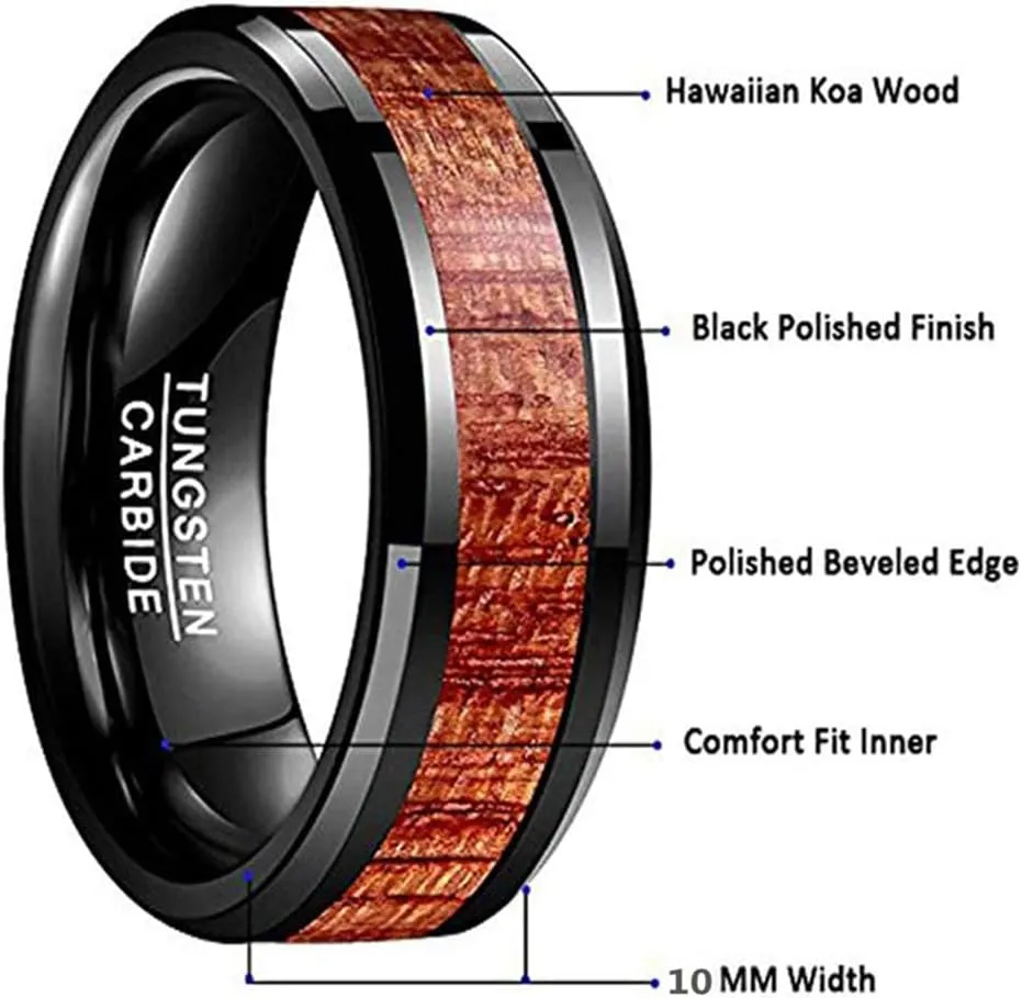 Vakki Mens 8mm/10mm Koa Wood Black Tungsten Carbide Wedding Ring Band Polished Beveled Edges Comfort Fit Size 7 to 12