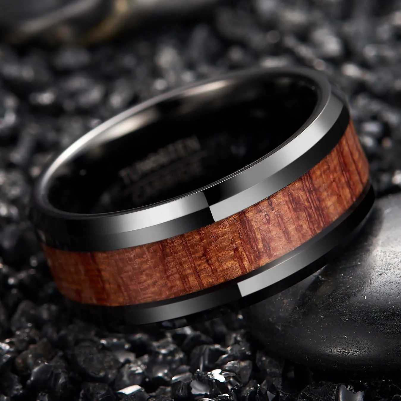 Vakki Mens 8mm/10mm Koa Wood Black Tungsten Carbide Wedding Ring Band Polished Beveled Edges Comfort Fit Size 7 to 12
