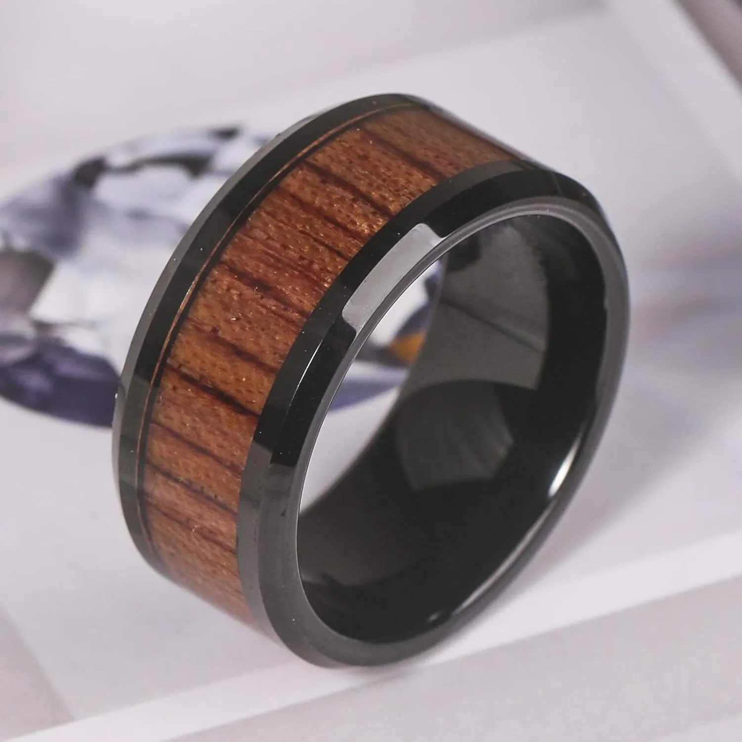 Vakki Mens 8mm/10mm Koa Wood Black Tungsten Carbide Wedding Ring Band Polished Beveled Edges Comfort Fit Size 7 to 12