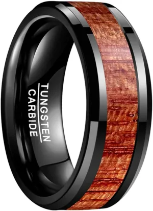 Vakki Mens 8mm/10mm Koa Wood Black Tungsten Carbide Wedding Ring Band Polished Beveled Edges Comfort Fit Size 7 to 12