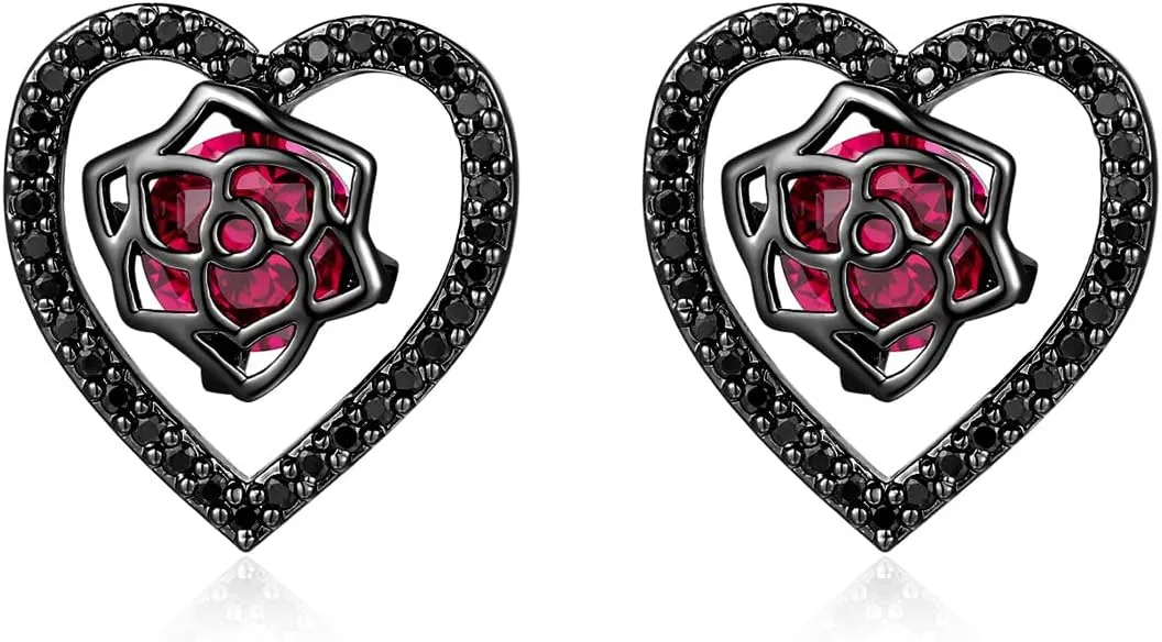 Valentines Heart Earrings Rose Flower Stud Earrings Black/Gold S925 Sterling Silver Solid Post Dainty Earrings for Women