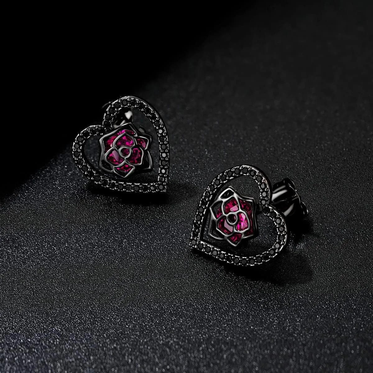 Valentines Heart Earrings Rose Flower Stud Earrings Black/Gold S925 Sterling Silver Solid Post Dainty Earrings for Women