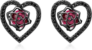 Valentines Heart Earrings Rose Flower Stud Earrings Black/Gold S925 Sterling Silver Solid Post Dainty Earrings for Women