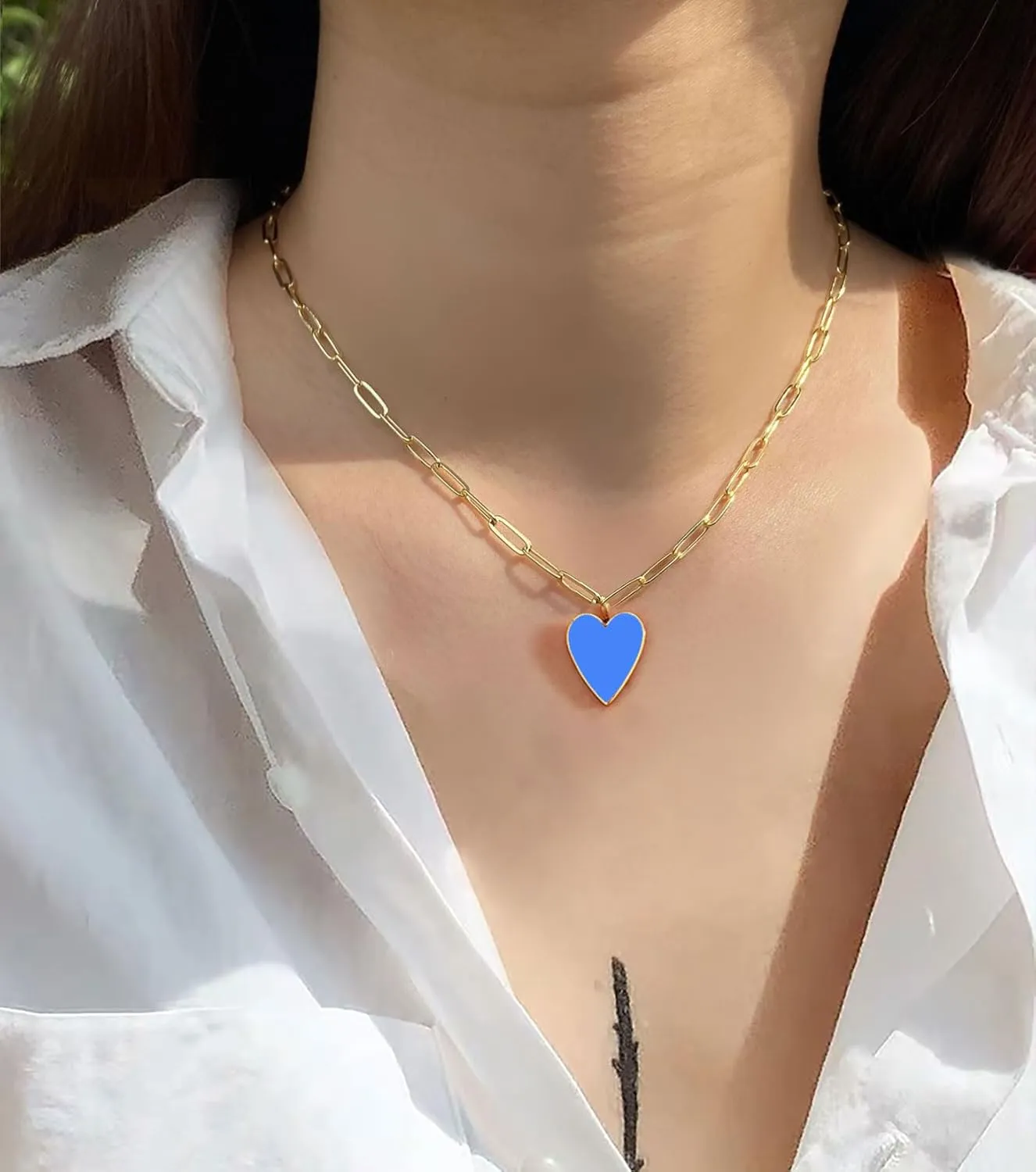 Valentines Heart Necklaces for Women Trendy, Preppy Jewelry 14K Gold Plated Stainless Steel Paperclip Necklace, 18 2.5 length