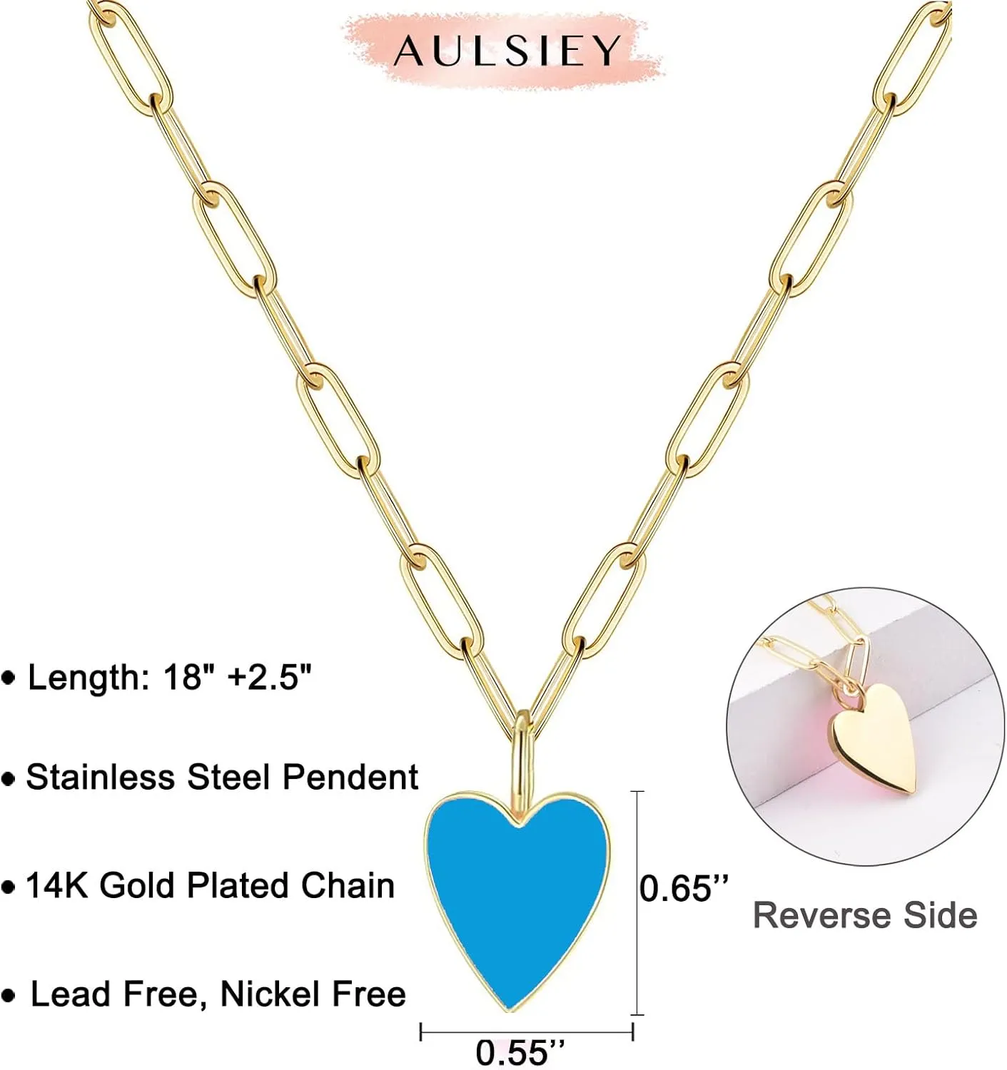 Valentines Heart Necklaces for Women Trendy, Preppy Jewelry 14K Gold Plated Stainless Steel Paperclip Necklace, 18 2.5 length