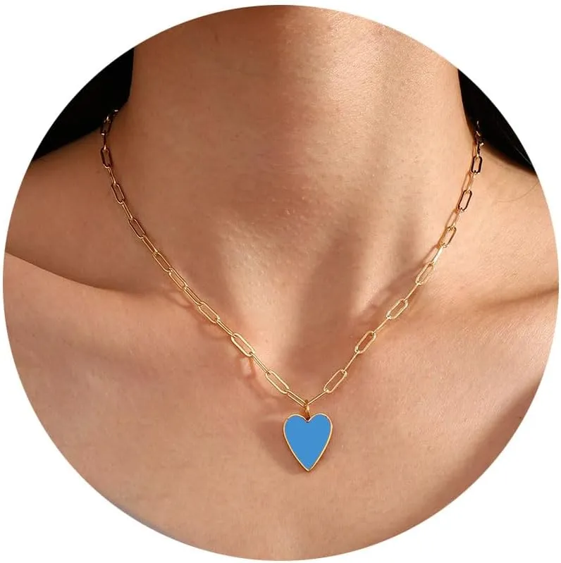 Valentines Heart Necklaces for Women Trendy, Preppy Jewelry 14K Gold Plated Stainless Steel Paperclip Necklace, 18 2.5 length