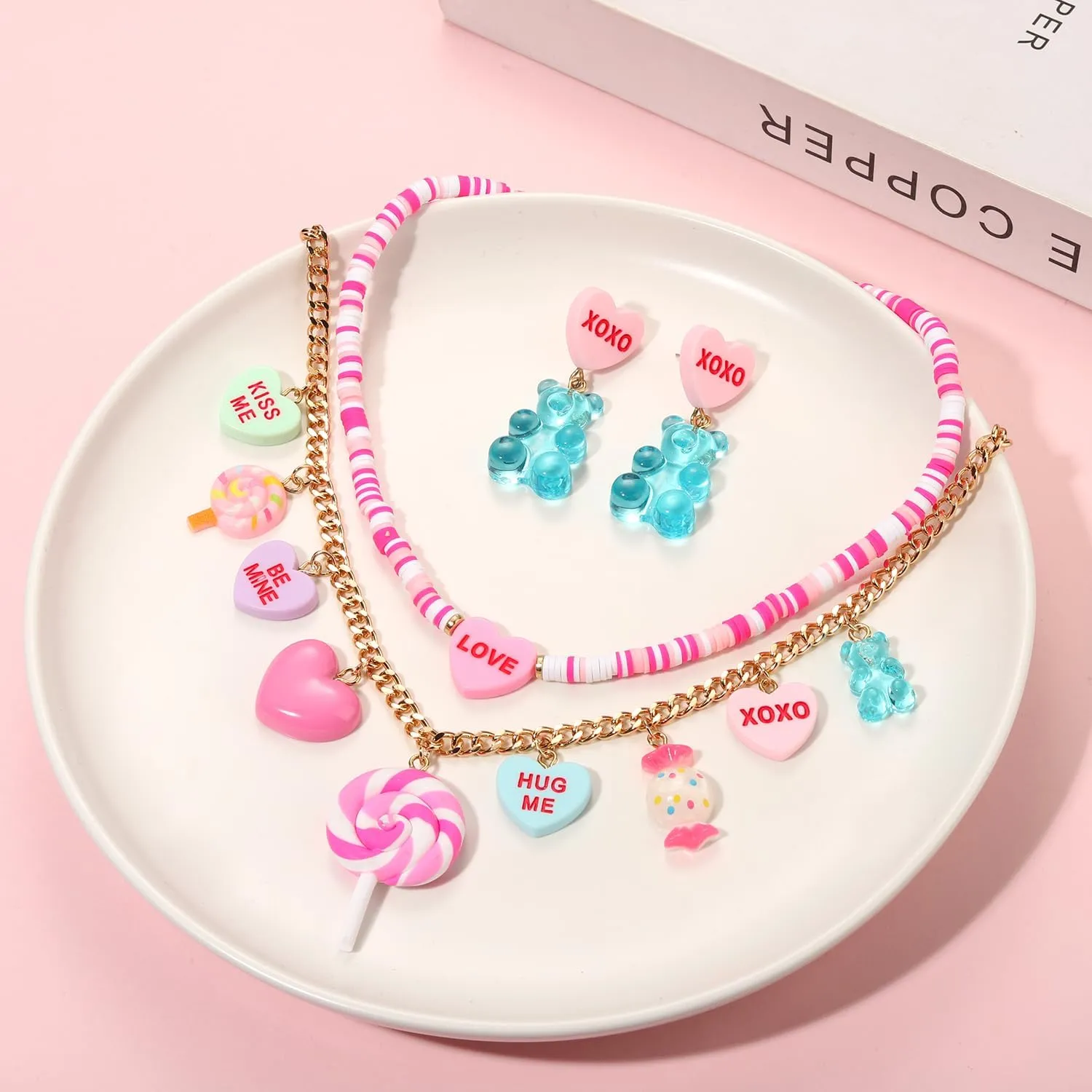 Valentine's Jewelry Set Funny Pink XOXO Heart Lollipop Gummy Bear Pendant Layered Necklace Dangle Earrings Set Valentine's Anniversary Birthday Date Party Jewelry