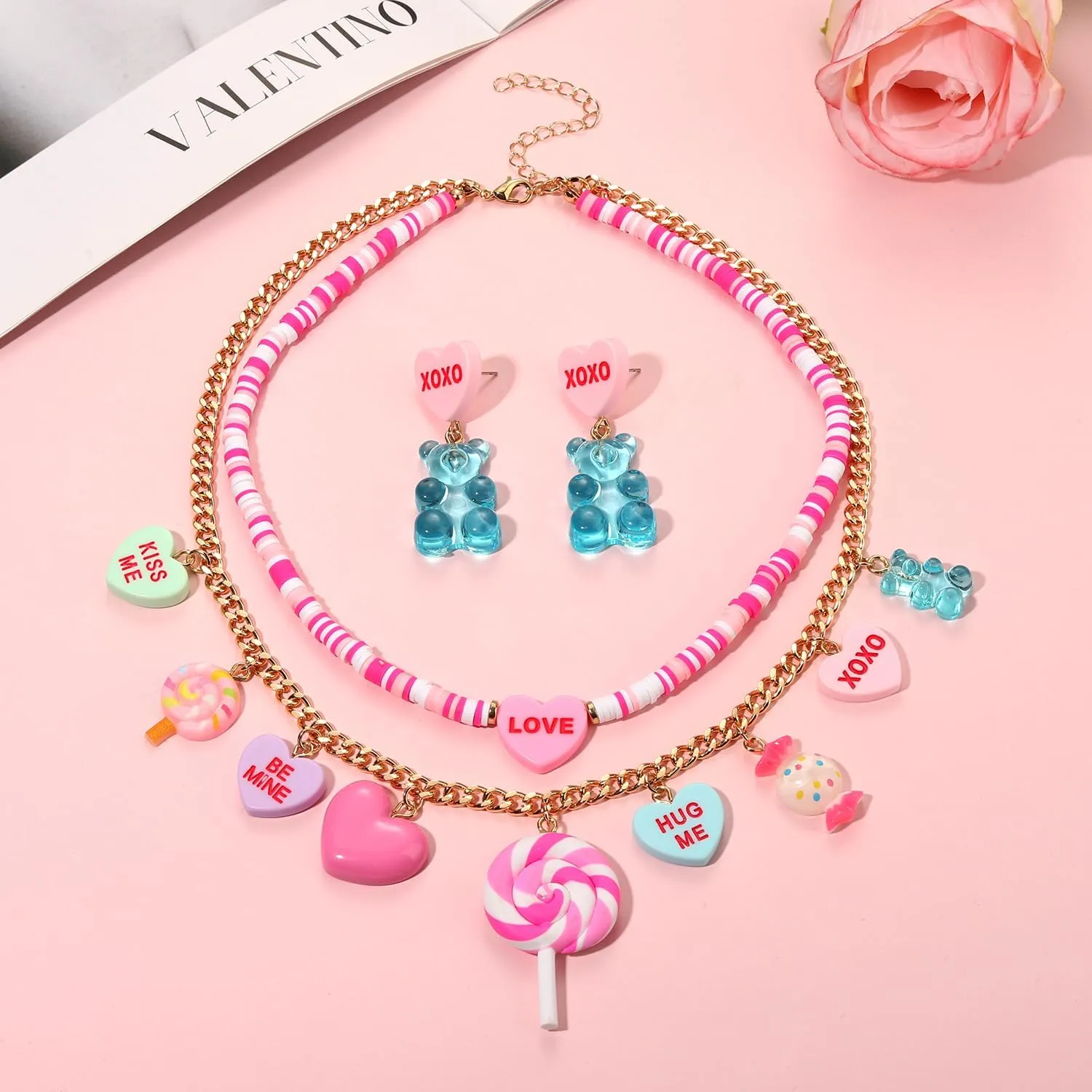 Valentine's Jewelry Set Funny Pink XOXO Heart Lollipop Gummy Bear Pendant Layered Necklace Dangle Earrings Set Valentine's Anniversary Birthday Date Party Jewelry