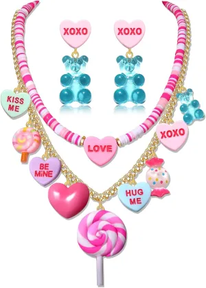 Valentine's Jewelry Set Funny Pink XOXO Heart Lollipop Gummy Bear Pendant Layered Necklace Dangle Earrings Set Valentine's Anniversary Birthday Date Party Jewelry
