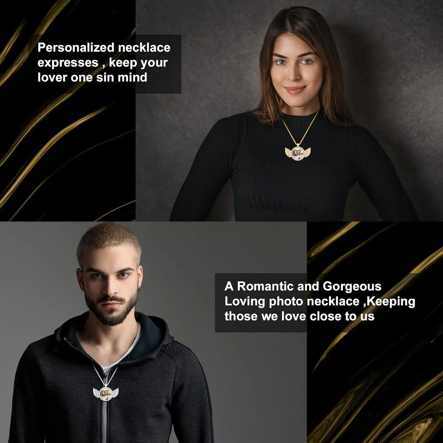 Valyria Picture Necklace Personalized Photo for Men Women Angel Wings/Heart/Round/Rectangular Custom Necklace with Picture Inside Circle Chain with Wings Memory Chain Necklace Hip Hop Jewelry