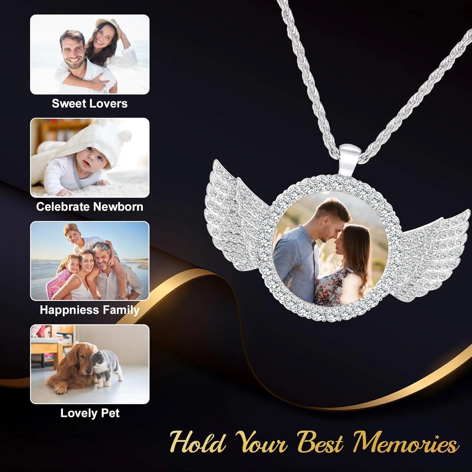 Valyria Picture Necklace Personalized Photo for Men Women Angel Wings/Heart/Round/Rectangular Custom Necklace with Picture Inside Circle Chain with Wings Memory Chain Necklace Hip Hop Jewelry