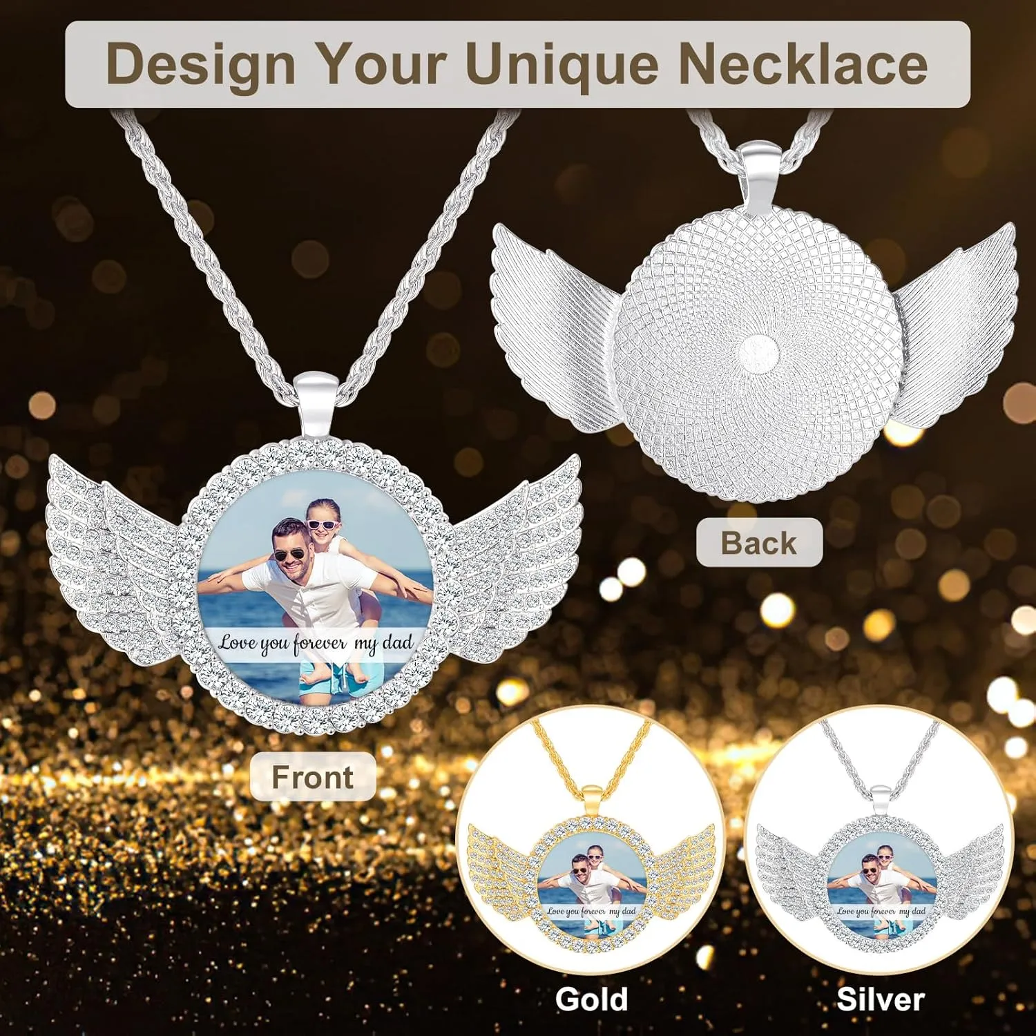 Valyria Picture Necklace Personalized Photo for Men Women Angel Wings/Heart/Round/Rectangular Custom Necklace with Picture Inside Circle Chain with Wings Memory Chain Necklace Hip Hop Jewelry