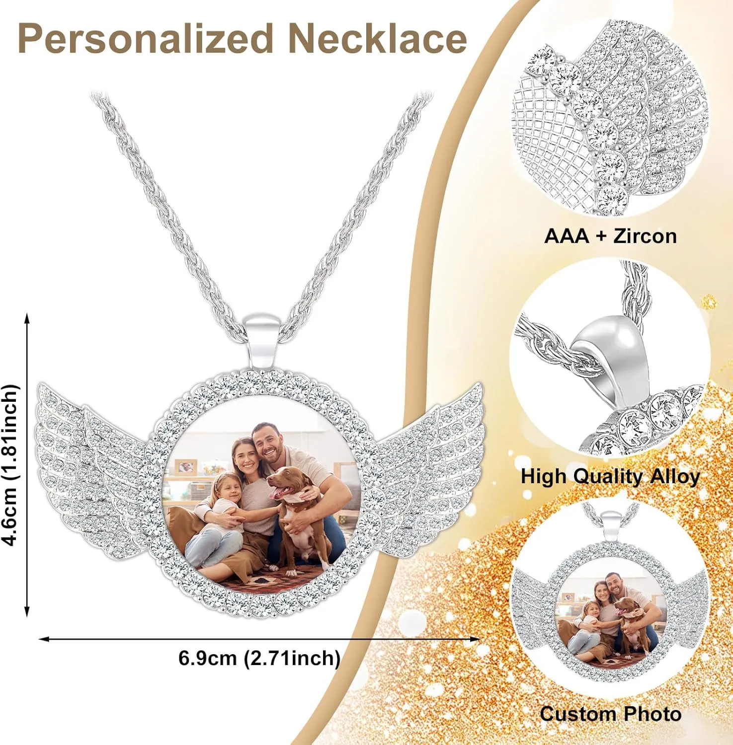 Valyria Picture Necklace Personalized Photo for Men Women Angel Wings/Heart/Round/Rectangular Custom Necklace with Picture Inside Circle Chain with Wings Memory Chain Necklace Hip Hop Jewelry