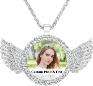 Valyria Picture Necklace Personalized Photo for Men Women Angel Wings/Heart/Round/Rectangular Custom Necklace with Picture Inside Circle Chain with Wings Memory Chain Necklace Hip Hop Jewelry