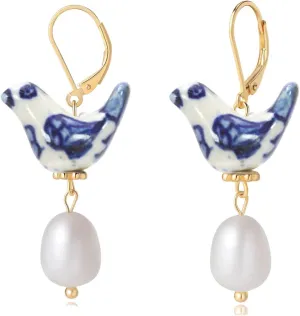 Vintage Bohemian Dainty Blue and White Porcelain Blue Willow Ceramic Bird Earrings for Women - Handcrafted Freshwater Pearl Dangle Earrings, 14K Gold Leverback Jewelry for Mother's Day, Birthday, Girlfriend
