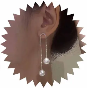 Vintage Rhinestone Pearl Tassel Earrings Long Crystal Pearl Drop Earrings Silver Cz Pearl Dangle Earrings Linear Cz Earrings Tennis Chain Earrings Jewelry for Women