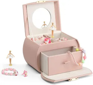 Vlando Musical Jewelry Box with Spinning Ballerina, Lockable Girls Jewelry Organizer for Necklaces Rings and Hair Accessories, Gift for Girls and Kids, Pink