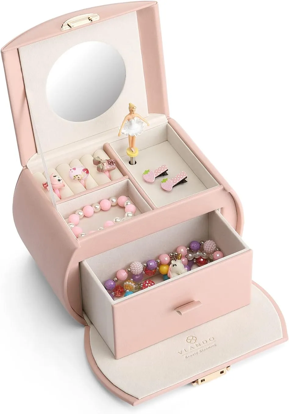 Vlando Musical Jewelry Box with Spinning Ballerina, Lockable Girls Jewelry Organizer for Necklaces Rings and Hair Accessories, Gift for Girls and Kids, Pink