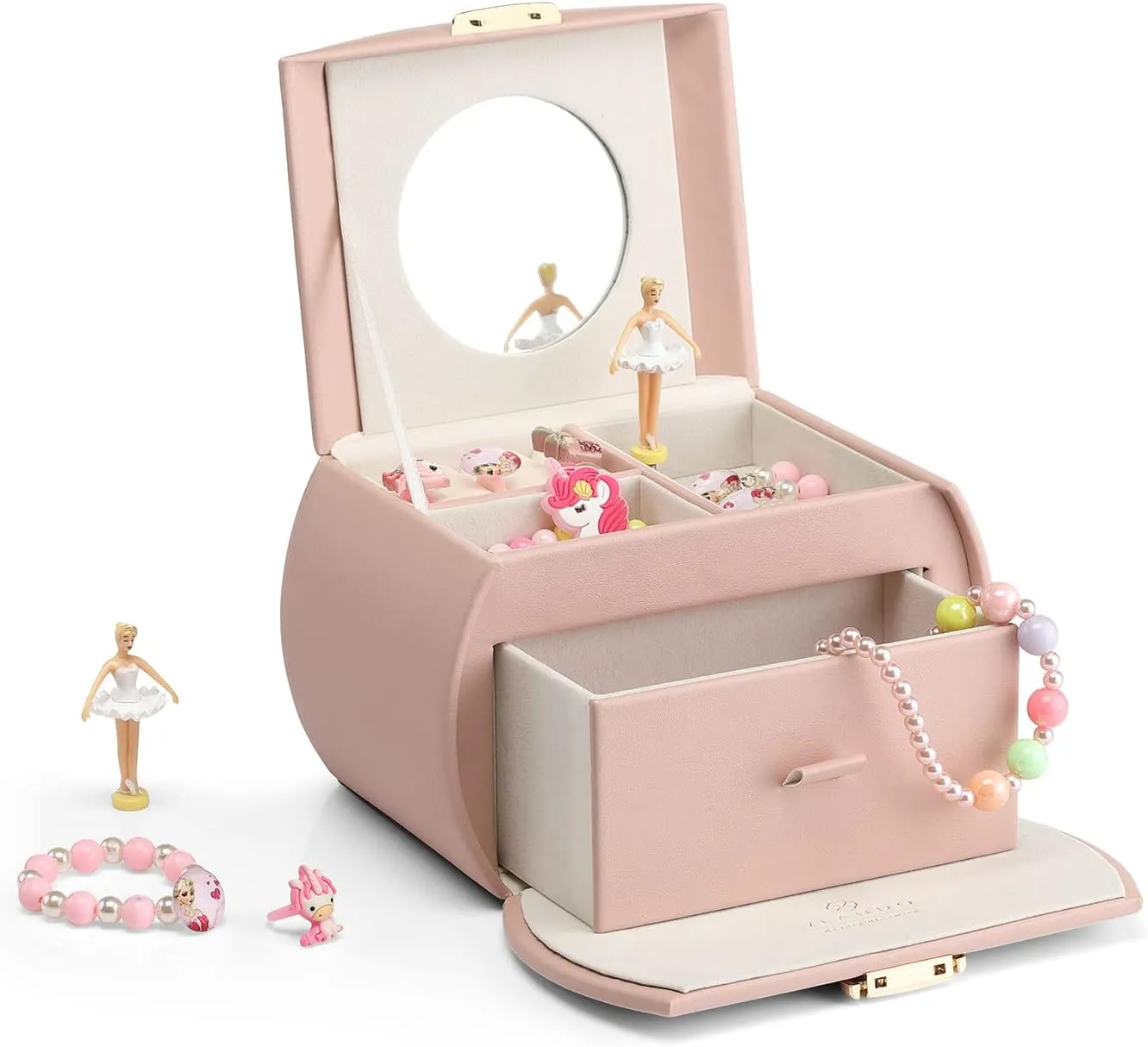 Vlando Musical Jewelry Box with Spinning Ballerina, Lockable Girls Jewelry Organizer for Necklaces Rings and Hair Accessories, Gift for Girls and Kids, Pink