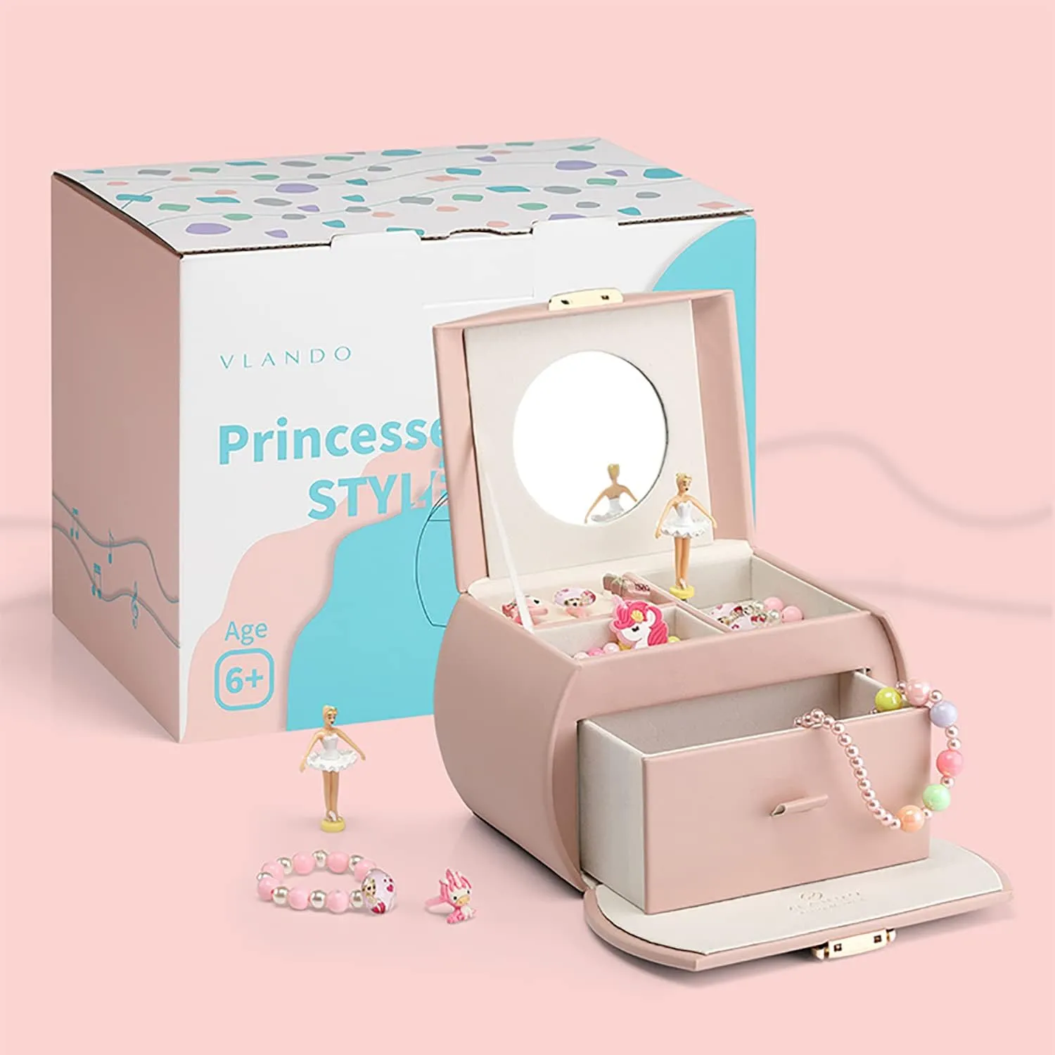 Vlando Musical Jewelry Box with Spinning Ballerina, Lockable Girls Jewelry Organizer for Necklaces Rings and Hair Accessories, Gift for Girls and Kids, Pink