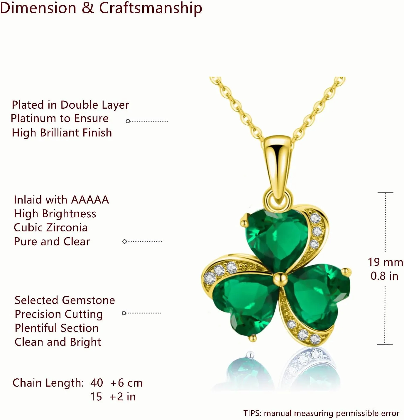 VONSSY Elegant Clover Pendant Necklace | Emerald Green Gemstone Irish Shamrock Pendant | Platinum Gold Plated Chain | Meaningful Jewelry Gift for Women Mother Girlfriend