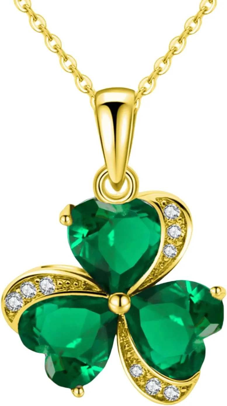 VONSSY Elegant Clover Pendant Necklace | Emerald Green Gemstone Irish Shamrock Pendant | Platinum Gold Plated Chain | Meaningful Jewelry Gift for Women Mother Girlfriend
