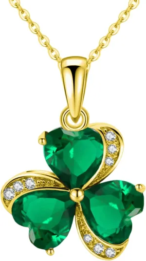 VONSSY Elegant Clover Pendant Necklace | Emerald Green Gemstone Irish Shamrock Pendant | Platinum Gold Plated Chain | Meaningful Jewelry Gift for Women Mother Girlfriend