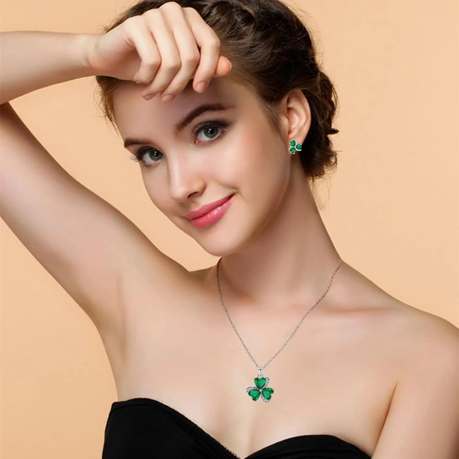 VONSSY Elegant Clover Stud Earrings | Emerald Green Gemstone Irish Shamrock Earrings | Platinum Gold Plated Chain | Meaningful Jewelry Gift for Women Mother Girlfriend
