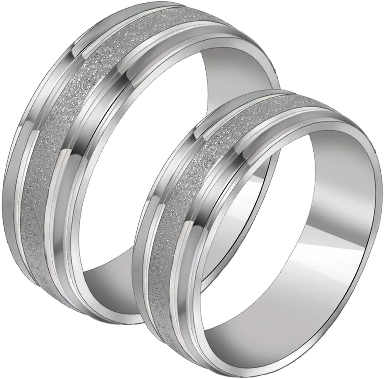 Wedding Band Sets for Women and Men, Stainless Steel Couple Engagement Rings Set 6MM Polished and Matte Round Silver Rings Set