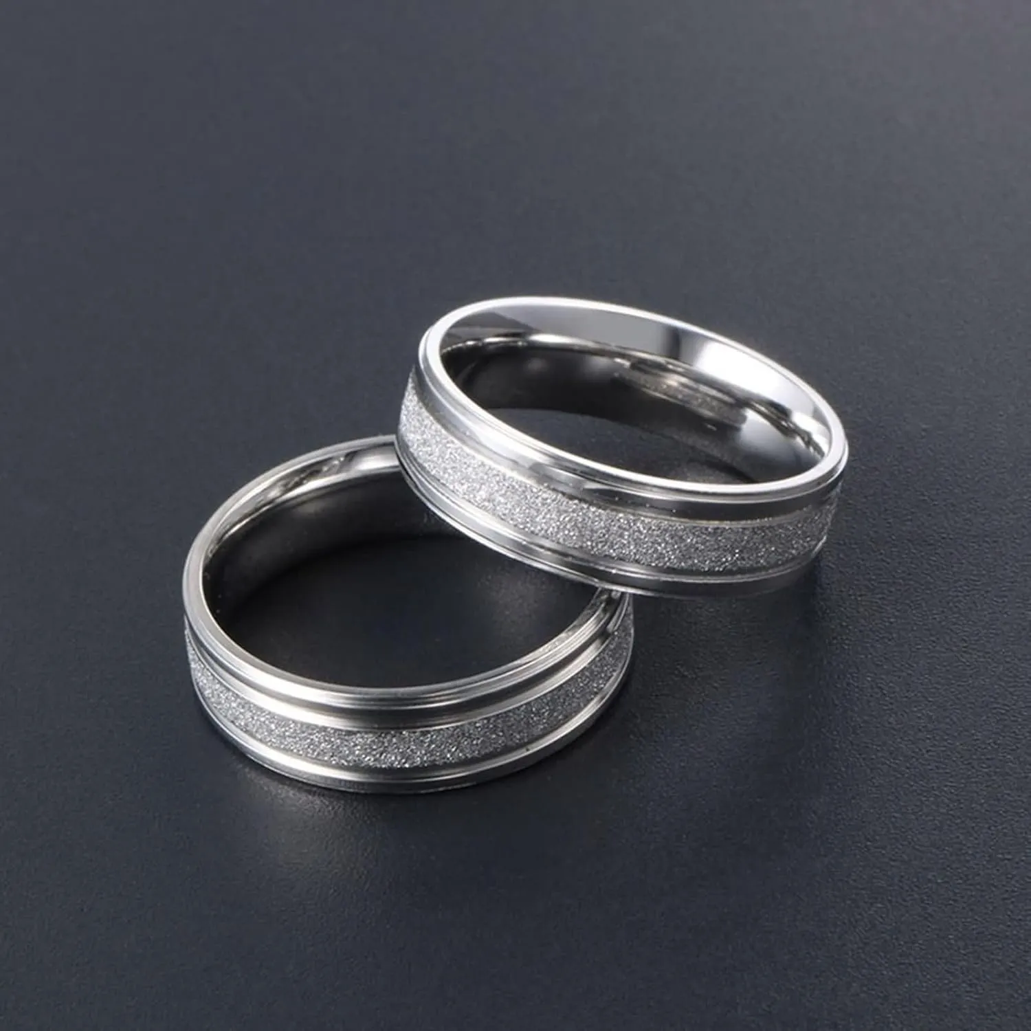 Wedding Band Sets for Women and Men, Stainless Steel Couple Engagement Rings Set 6MM Polished and Matte Round Silver Rings Set