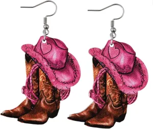 Western Earrings for Women Cowgirl Country Wood Drop Dangle Pink Boot Earring Jewelry Boho Vintage Earrings Jewelry Accessories