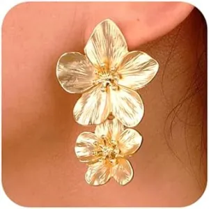 Wiwpar Large Double Flower Earrings for Women Boho Statement Flower Earrings Bohemian Elegant Chic Flower Dangle Earrings Unique Flower Earrings