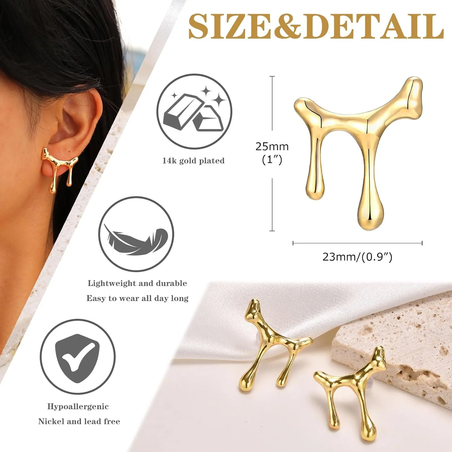 Womens Gold Studs Earrings, 14K Gold Plated Personality Big Stud Earring,Stainless Steel Hypoallergenic Ear Rings Trendy Jewelry,Christmas Birthday Gifts for Her Girlfriend Sister