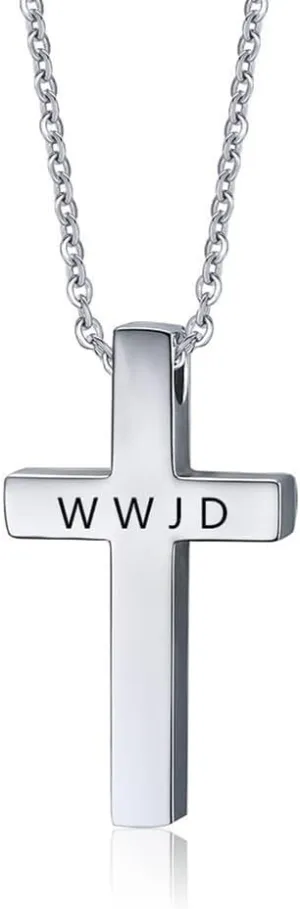 WWJD HWLF Cross Necklace Medium Cross Pendant What Would Jesus Do Hand Prayer Necklaces Stainless Steel Christian Crucifix Catholic Religious Jewelry for Unisex for Baptism Gift