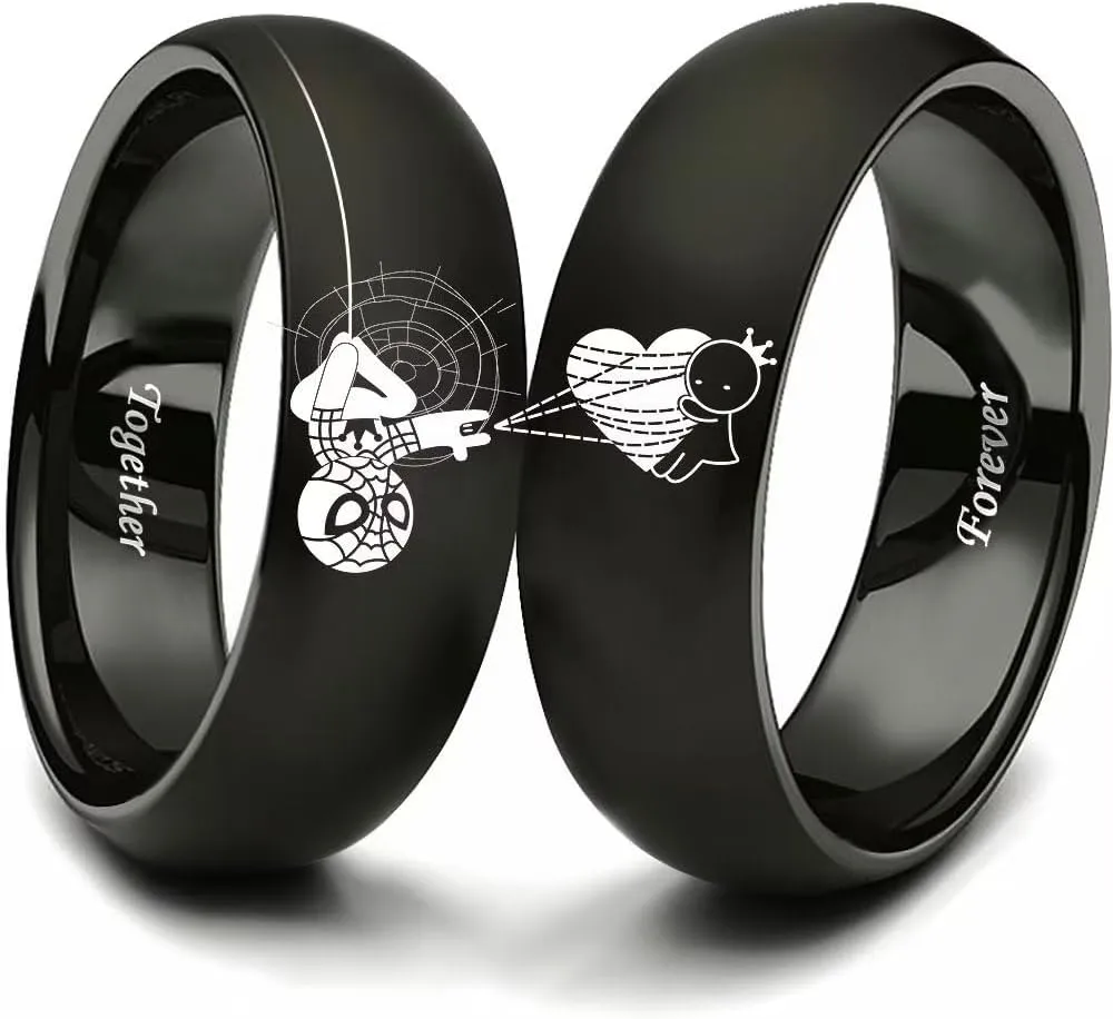 XAHH Spiderman Superhero Couples Ring for Him and Her Forever Together Heart Lovers Ring Anniversary Promise Wedding Band Stainless Steel Black