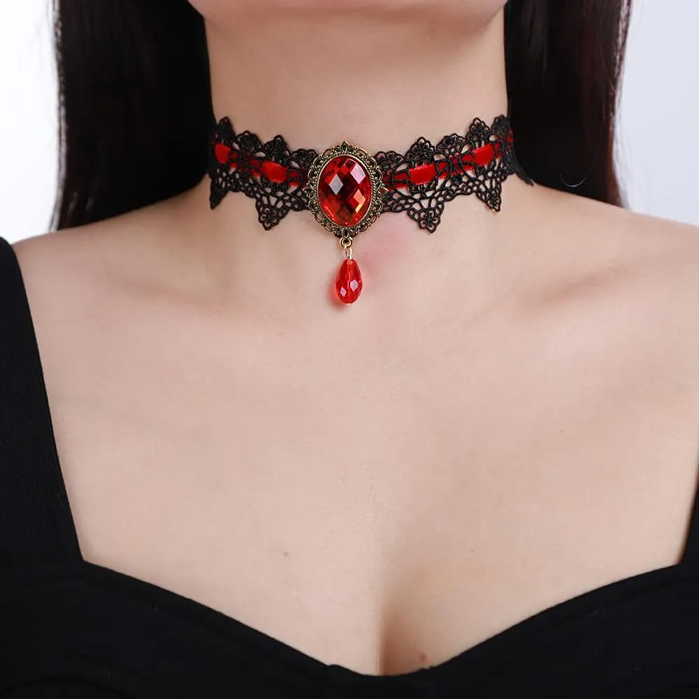 Xerling Red Crystal Beads Pendant Black Lace Choker Vintage Gothic Elegant Halloween Costume Necklaces Goth Collar Choker for Women (Red)
