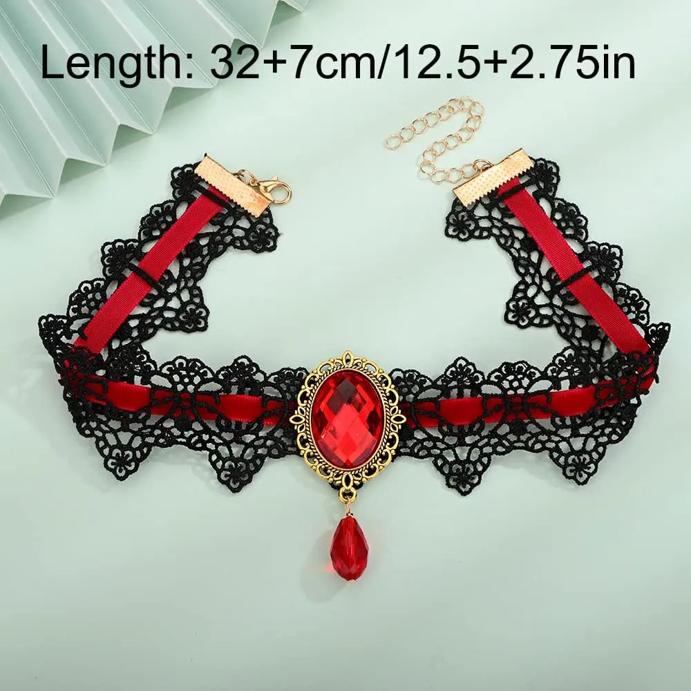 Xerling Red Crystal Beads Pendant Black Lace Choker Vintage Gothic Elegant Halloween Costume Necklaces Goth Collar Choker for Women (Red)