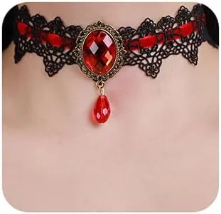 Xerling Red Crystal Beads Pendant Black Lace Choker Vintage Gothic Elegant Halloween Costume Necklaces Goth Collar Choker for Women (Red)