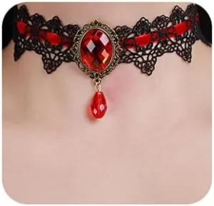 Xerling Red Crystal Beads Pendant Black Lace Choker Vintage Gothic Elegant Halloween Costume Necklaces Goth Collar Choker for Women (Red)