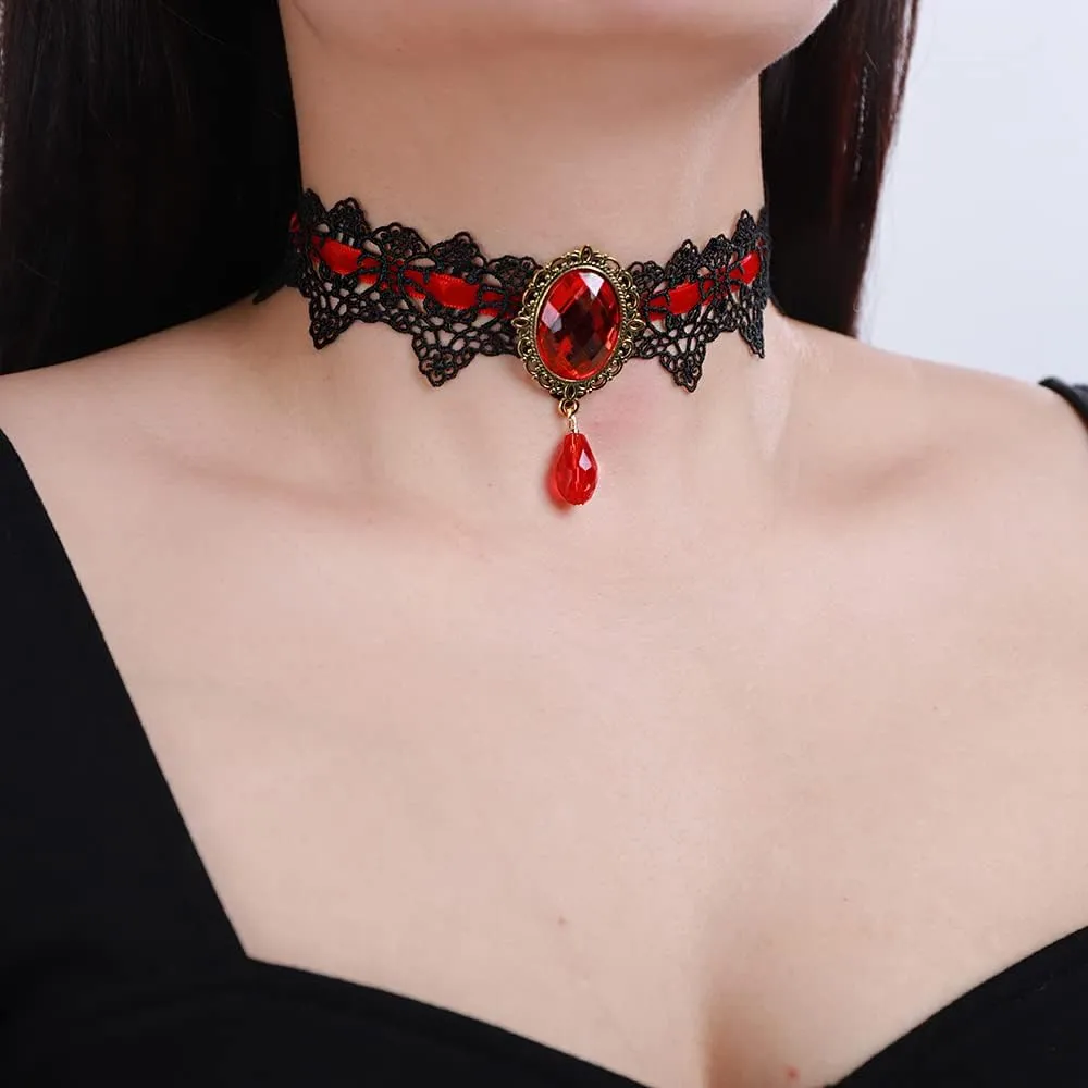 Xerling Red Crystal Beads Pendant Black Lace Choker Vintage Gothic Elegant Halloween Costume Necklaces Goth Collar Choker for Women (Red)