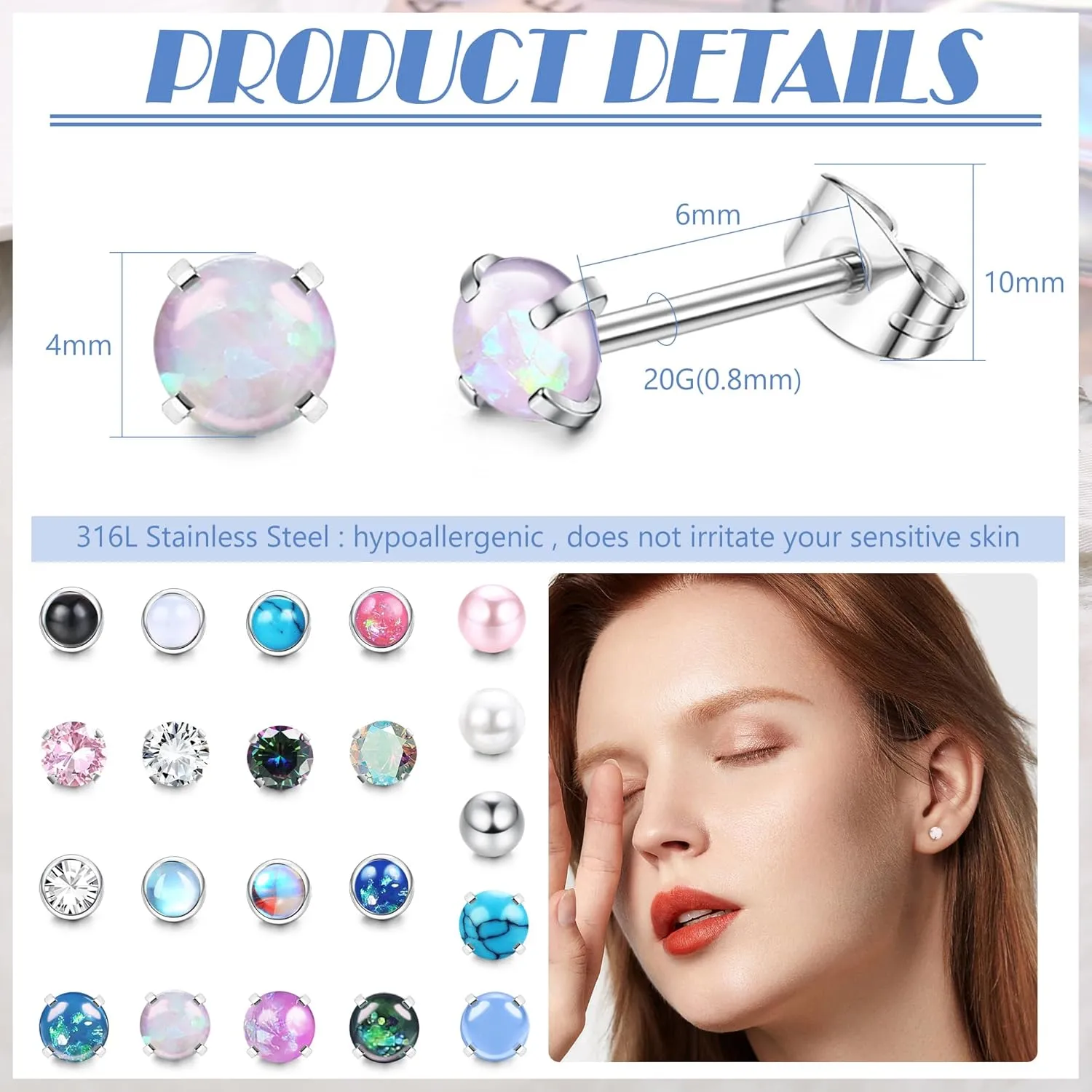 YADOCA 21 Pairs Hypoallergenic Surgical Steel Stud Earrings for Women Men Tiny Small CZ Opal Moonstone Turquoise Earrings Studs Set Piercing Jewelry