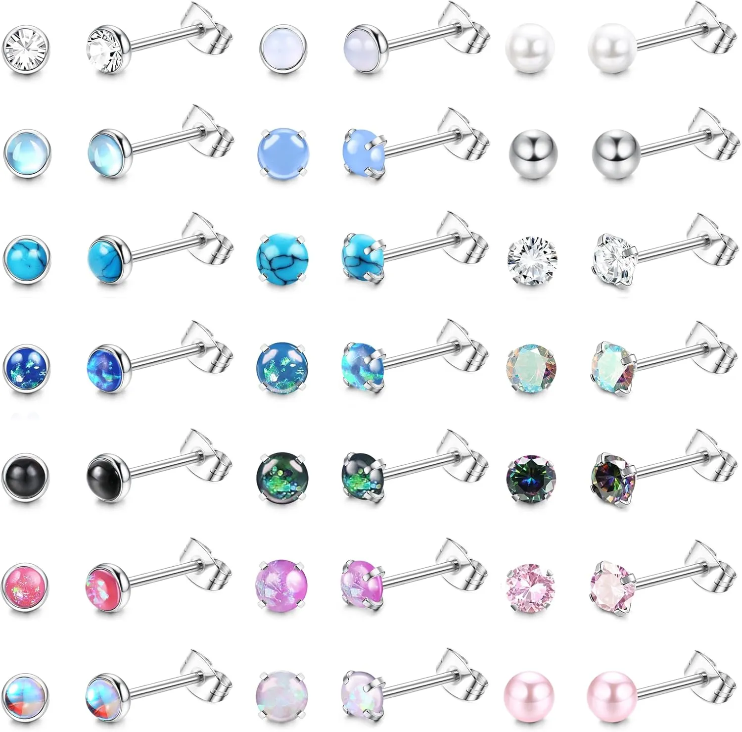 YADOCA 21 Pairs Hypoallergenic Surgical Steel Stud Earrings for Women Men Tiny Small CZ Opal Moonstone Turquoise Earrings Studs Set Piercing Jewelry